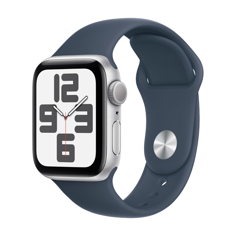 Apple Watch SE 2023 2ᵉ génération (GPS, 44mm) - boîtier Aluminium Argent avec M/L Bracelet Sport bleu orage