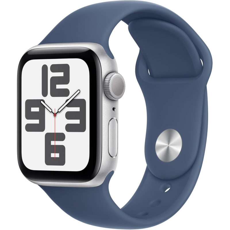 Apple Watch SE 2024 2ème génération (GPS, 44mm) - Boîtier en aluminium argenté avec bracelet sport en denim S/M