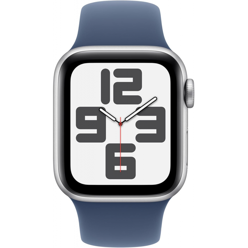 Apple Watch SE 2024 2ème génération (GPS, 44mm) - Boîtier en aluminium argenté avec bracelet sport en denim S/M