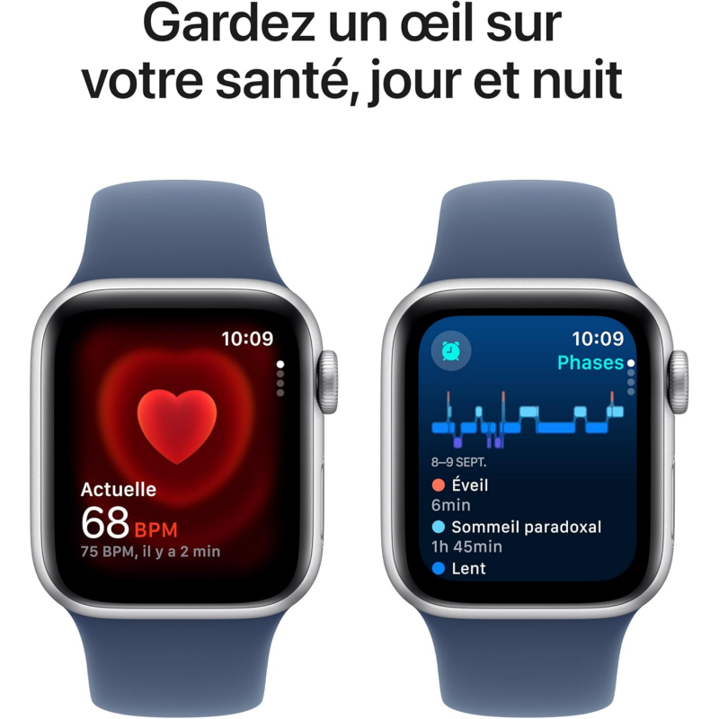 Apple Watch SE 2024 2ème génération (GPS, 44mm) - Boîtier en aluminium argenté avec bracelet sport en denim S/M