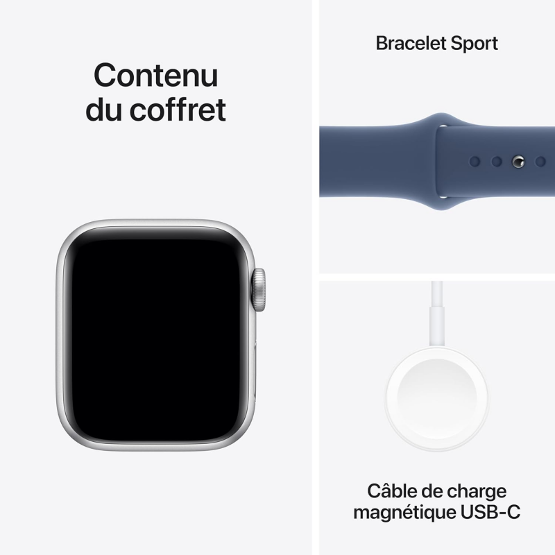 Apple Watch SE 2024 2ème génération (GPS, 44mm) - Boîtier en aluminium argenté avec bracelet sport en denim S/M