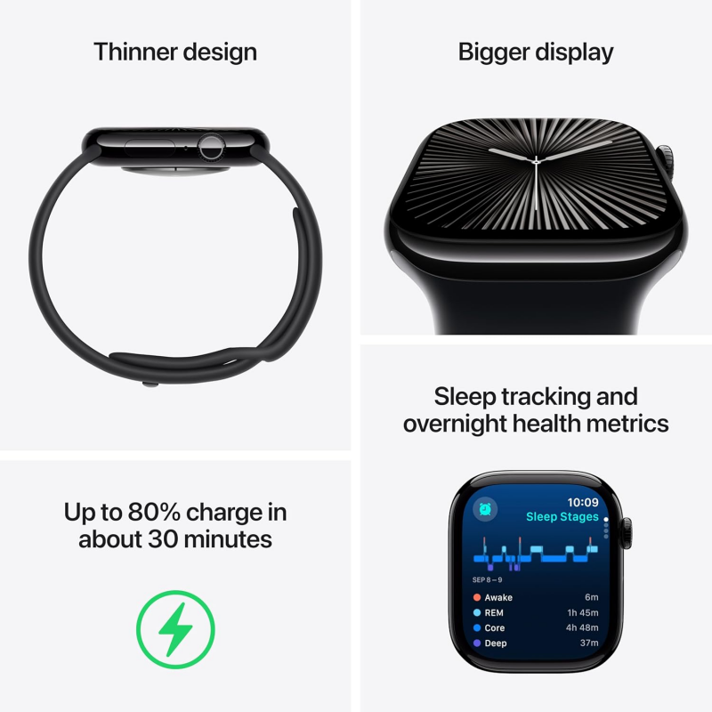 Apple Watch Series 10 (GPS, 42 mm) - Boîtier en aluminium noir de jais avec bracelet sport noir M/L