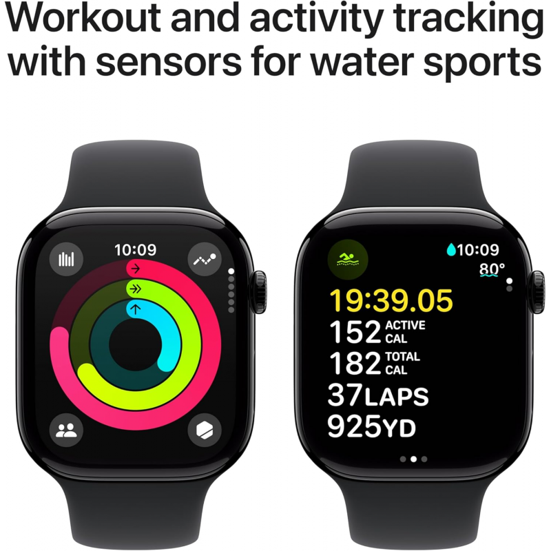 Apple Watch Series 10 (GPS, 42 mm) - Boîtier en aluminium noir de jais avec bracelet sport noir M/L