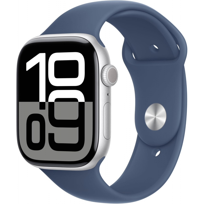 Apple Watch Series 10 (GPS, 46 mm) - Boîtier en aluminium argenté avec bracelet sport en denim S/M