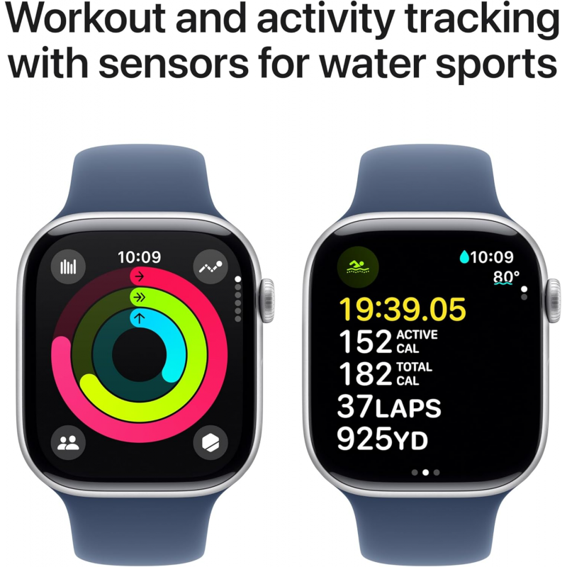 Apple Watch Series 10 (GPS, 46 mm) - Boîtier en aluminium argenté avec bracelet sport en denim S/M