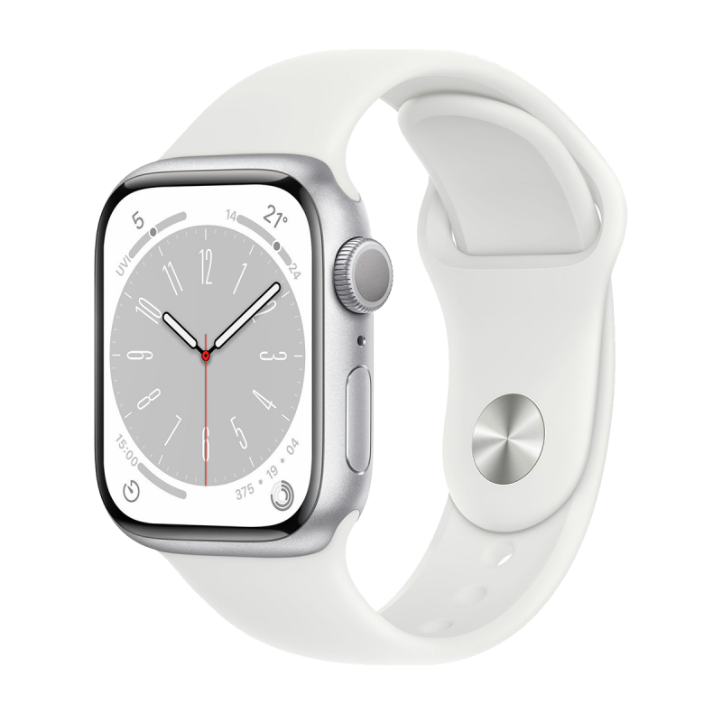 Apple Watch Series 8 (GPS, 45mm) - Argent Aluminium Case avec S/M Bracelet Sport Blanc