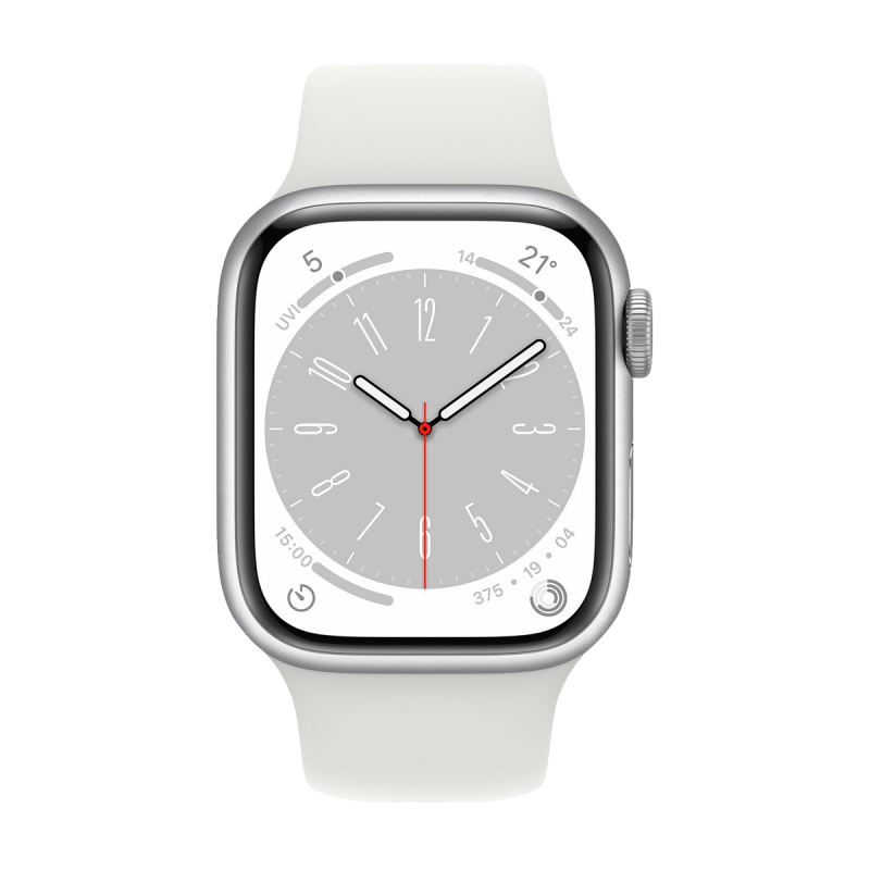 Apple Watch Series 8 (GPS, 45mm) - Argent Aluminium Case avec S/M Bracelet Sport Blanc