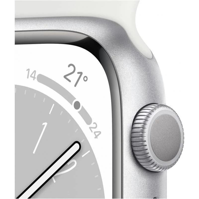 Apple Watch Series 8 (GPS, 45mm) - Aluminium Argent Case avec M/L Bracelet Sport Blanc