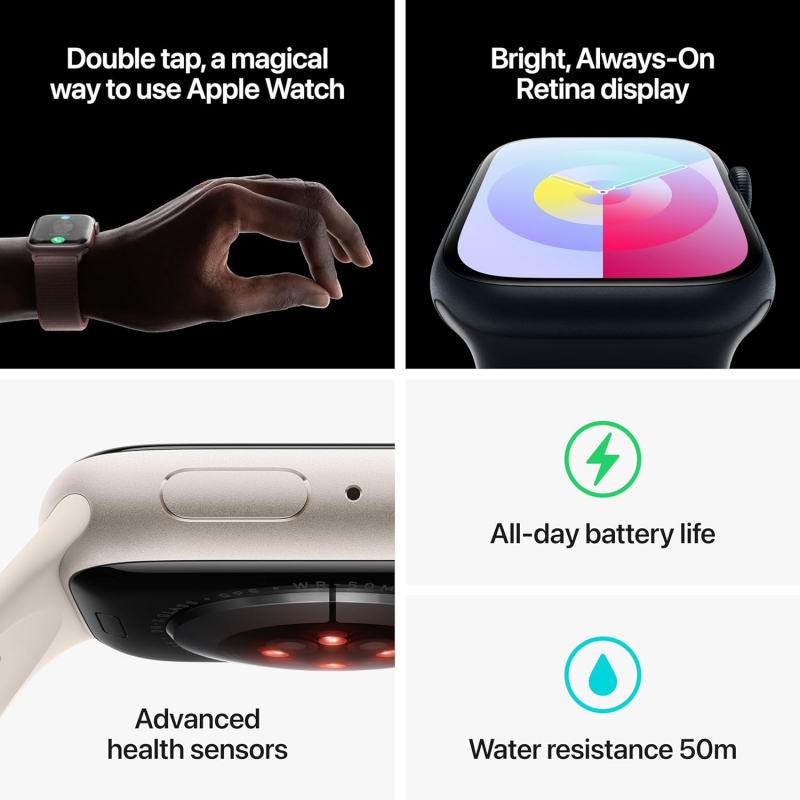 Apple Watch Series 9 (GPS, 41mm) - Boîtier en Aluminium Lumière Stellaire avec M/L Bracelet Sport Lumière Stellaire