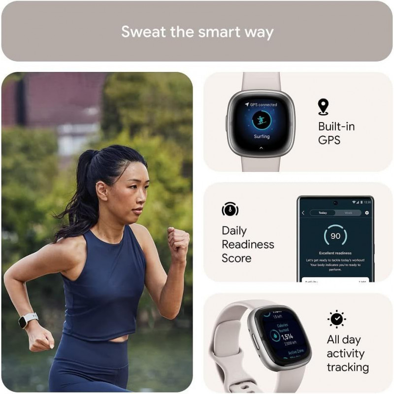 Montre connectée sport et santé Fitbit Sense 2  - Blanc lunaire/aluminium platine