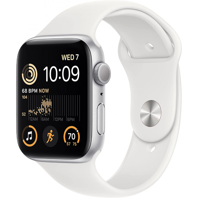 Apple Watch SE 2022 2ème génération (GPS, 44mm) - boîtier Aluminium Argent avec S/M Bracelet Sport Blanc