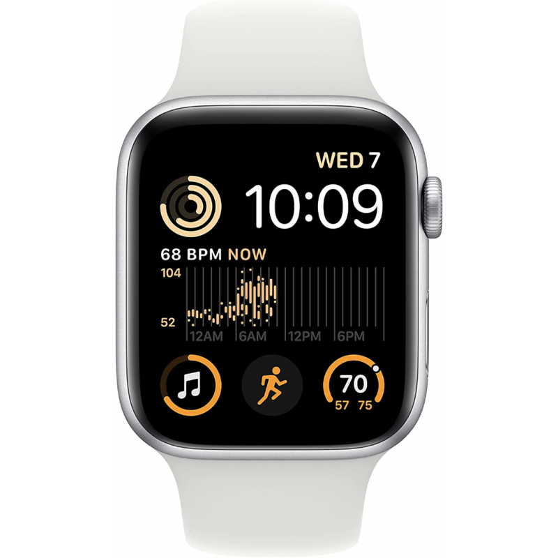 Apple Watch SE 2022 2ème génération (GPS, 44mm) - boîtier Aluminium Argent avec S/M Bracelet Sport Blanc