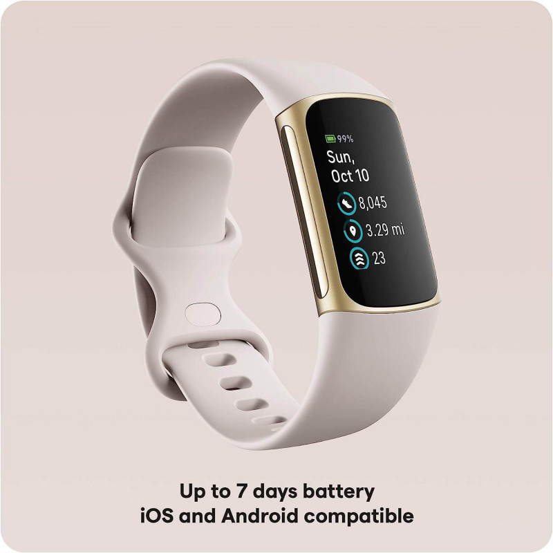 Fitbit Charge 5 Bracelet d’activité - Blanc lunaire/acier inoxydable or pâle