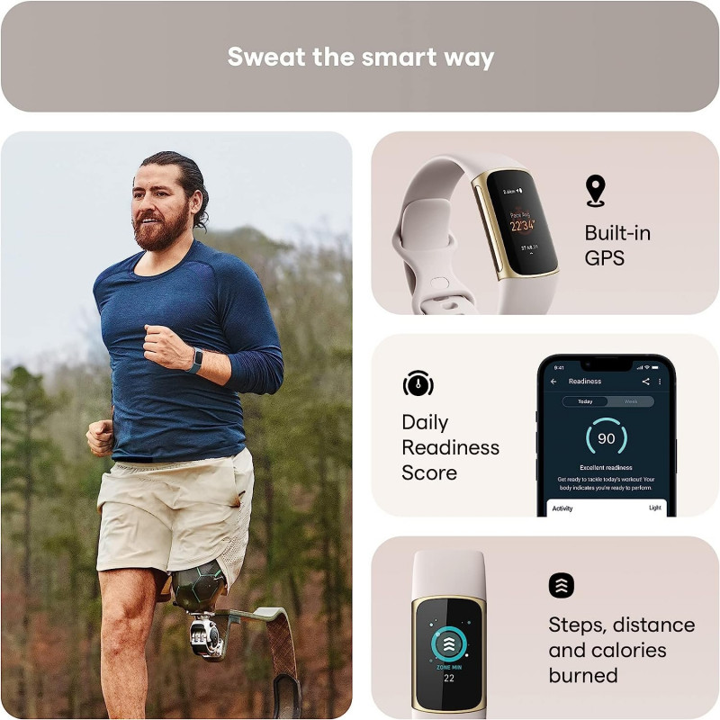 Fitbit Charge 5 Bracelet d’activité - Blanc lunaire/acier inoxydable or pâle