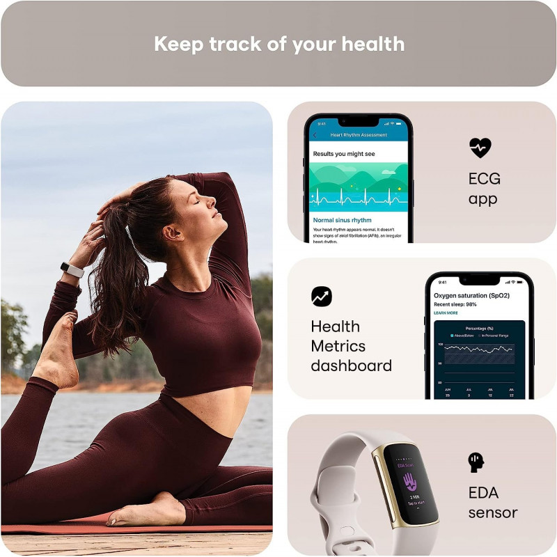 Fitbit Charge 5 Bracelet d’activité - Blanc lunaire/acier inoxydable or pâle