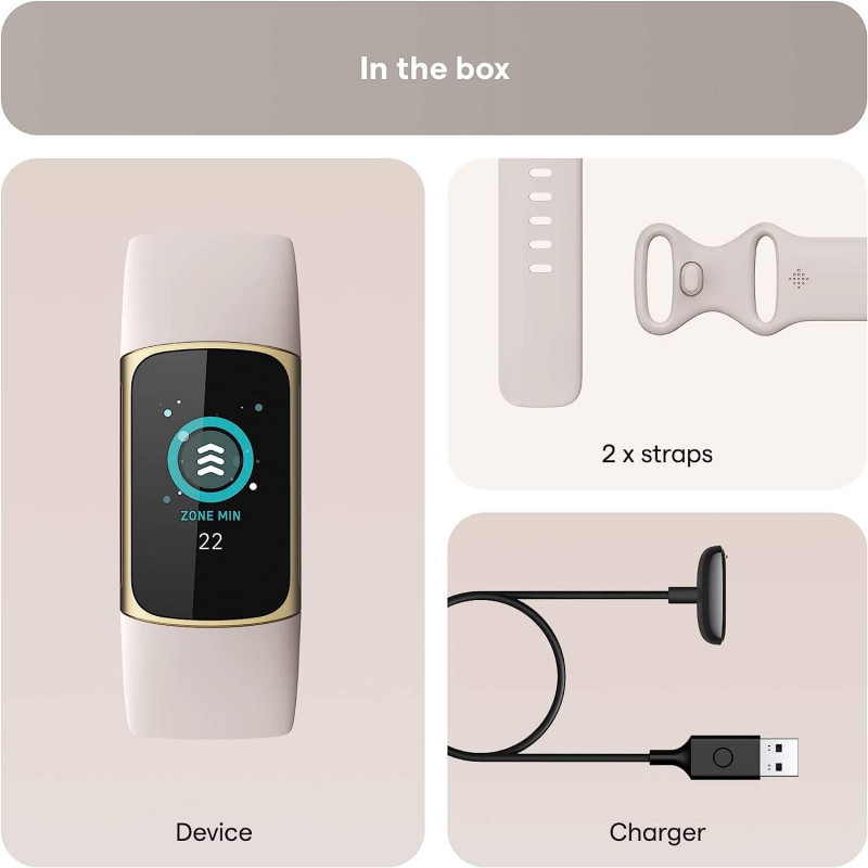 Fitbit Charge 5 Bracelet d’activité - Blanc lunaire/acier inoxydable or pâle