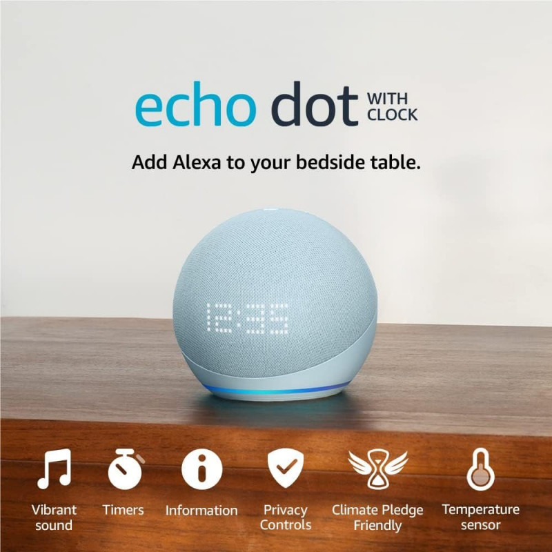 Amazon Echo Dot (5e génération) avec horloge - Nuage Bleu