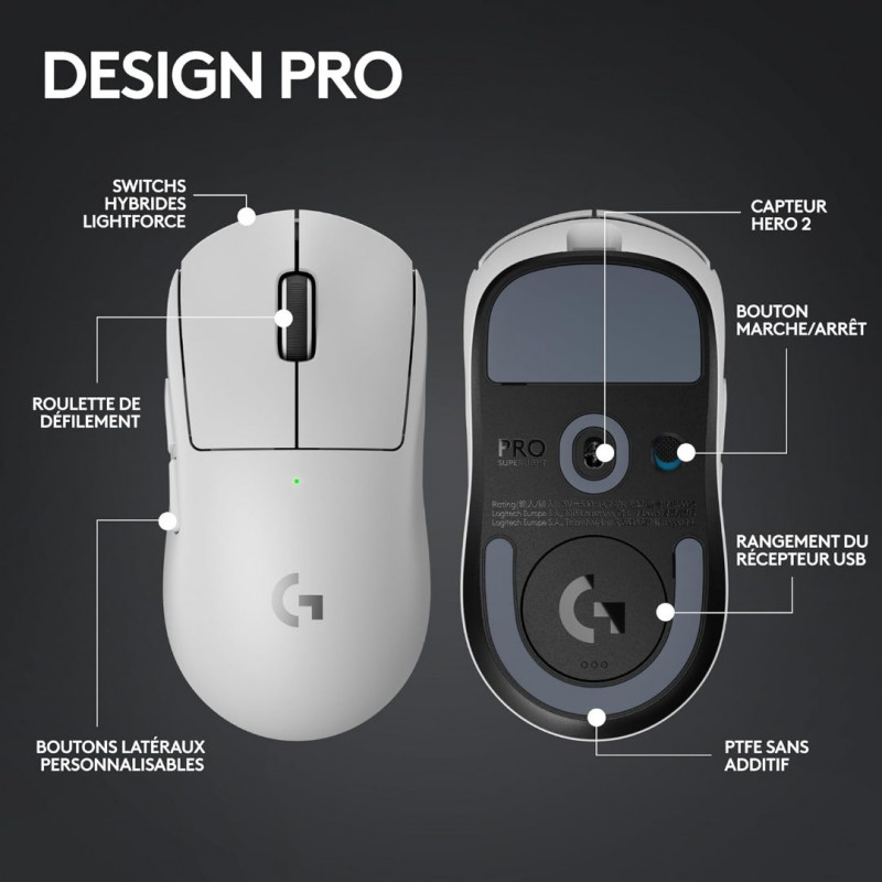 Logitech G PRO X SUPERLIGHT 2 LIGHTSPEED Souris gaming sans fil - Blanc